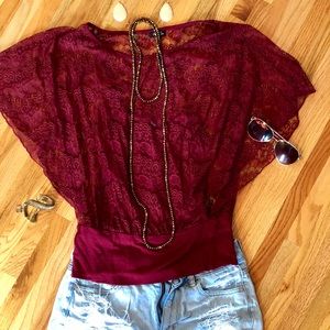 Super cute crimson/ deep red flowy lace top